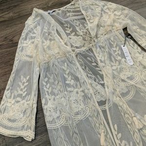 Sheer kimono duster, emborderied accents